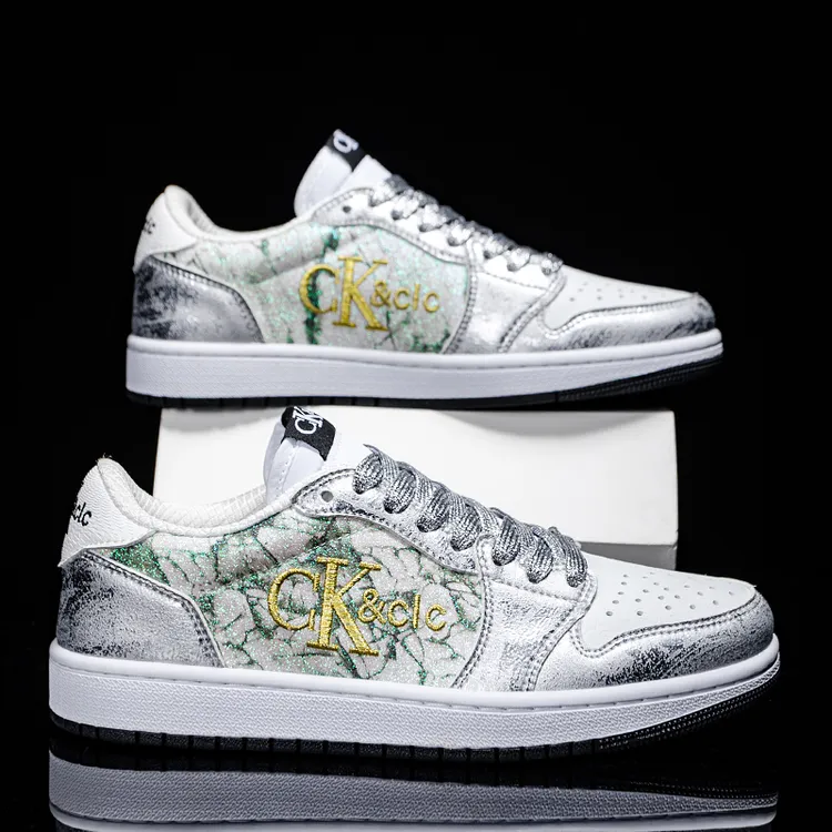 ck&clc【定制】新款真皮休闲鞋银色百搭板鞋时尚男士新款潮轻奢板鞋