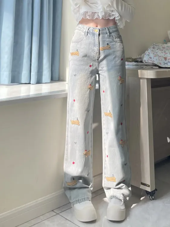 美式高街卡通刺绣阔腿牛仔裤女春季2025新款高腰显瘦直筒拖地长裤