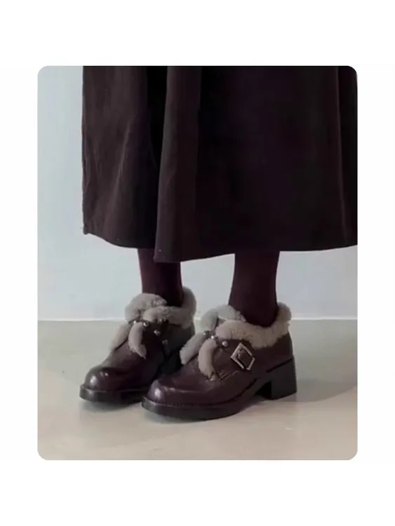 真皮厚底小皮鞋女冬季加绒雪地靴高跟棉鞋粗跟乐福鞋子保暖毛毛鞋