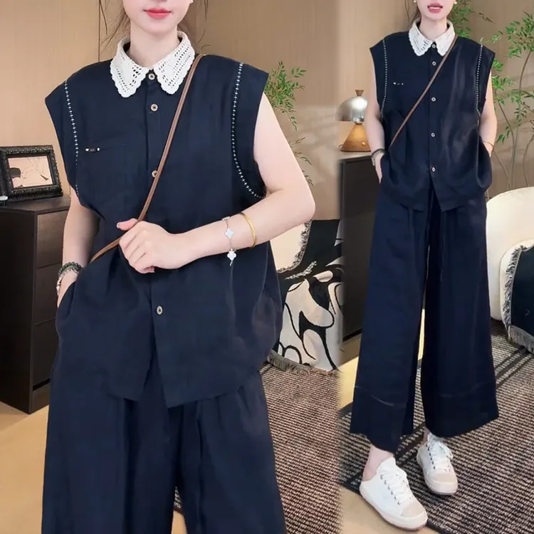 欧货休闲运动套装女2025新款夏季薄款气质显瘦减龄翻领上衣两件套