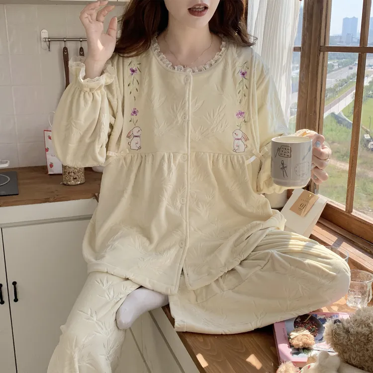 海岛绒月子服秋冬款产后德绒保暖哺乳喂奶套装待产孕妇睡衣家居服