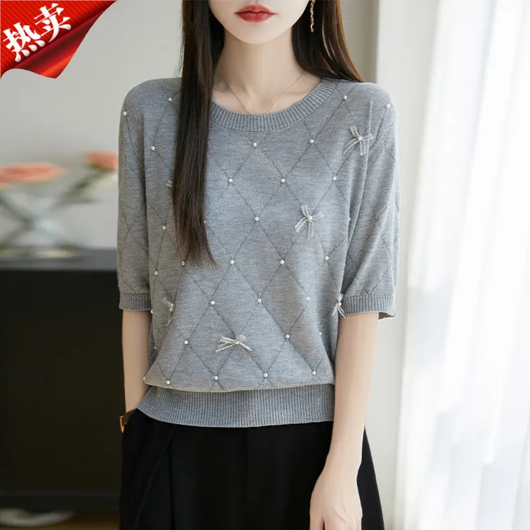 哥弟阿玛施正品菱形格蝴蝶结短袖T恤上衣女圆领百搭针织衫薄款夏