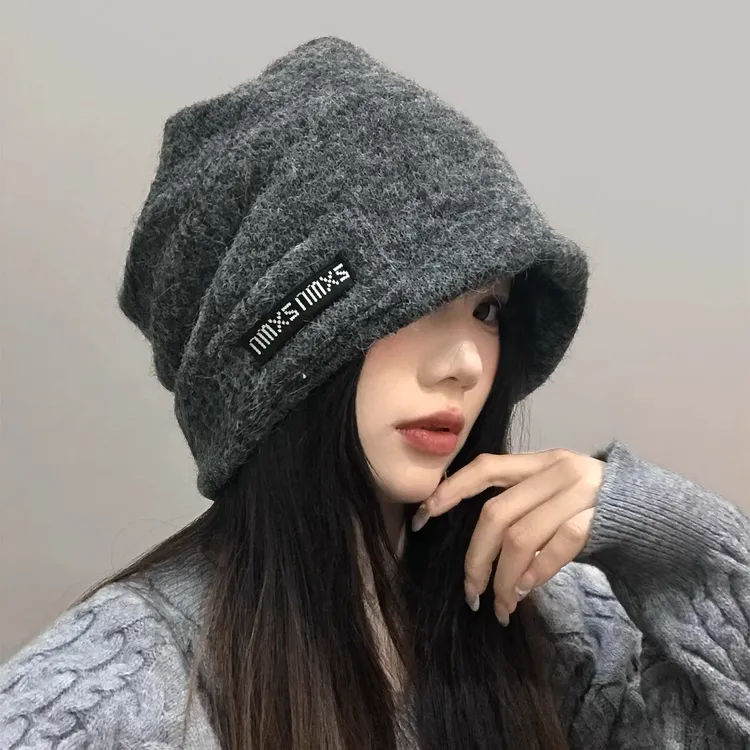 2025新款灰色堆堆帽女冬韩版时尚百搭包头帽显脸小保暖护耳针织帽