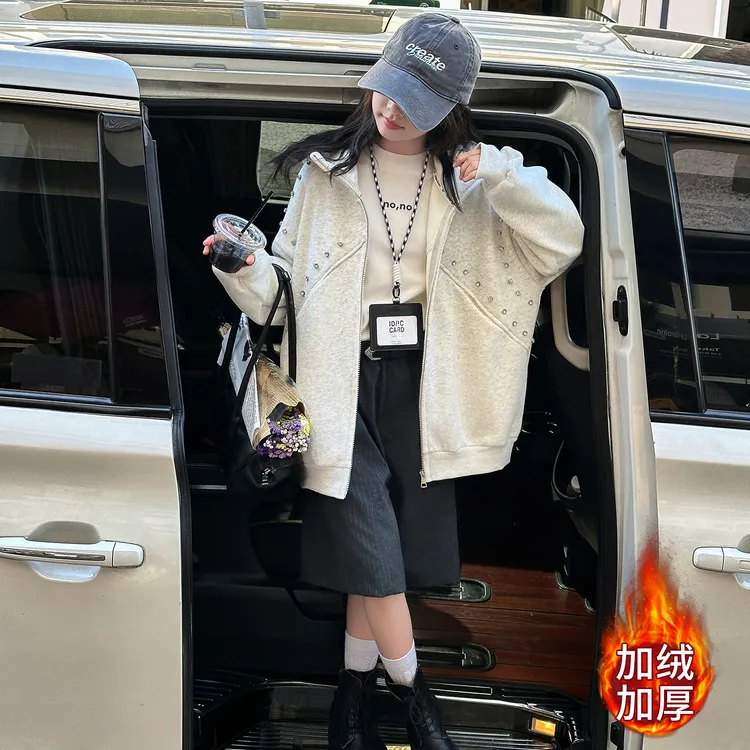 女童加绒外套春秋冬2025新款洋气大童开衫上衣儿童连帽奥利绒卫衣