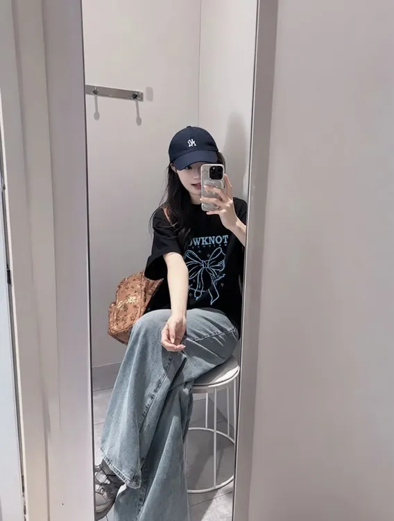 简约蓝色蝴蝶结印花夏季短袖女纯棉打底衫小众基础款宽松t恤上衣