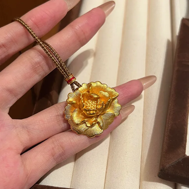 黄金项链足金999金项链牡丹花纯金项链国色天香花朵5D硬金礼物