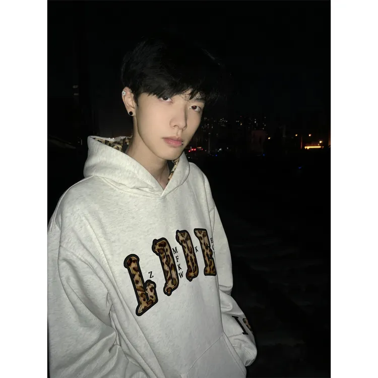 美式高街豹纹字母贴布刺绣卫衣男女款秋冬宽松情侣装连帽外套上衣