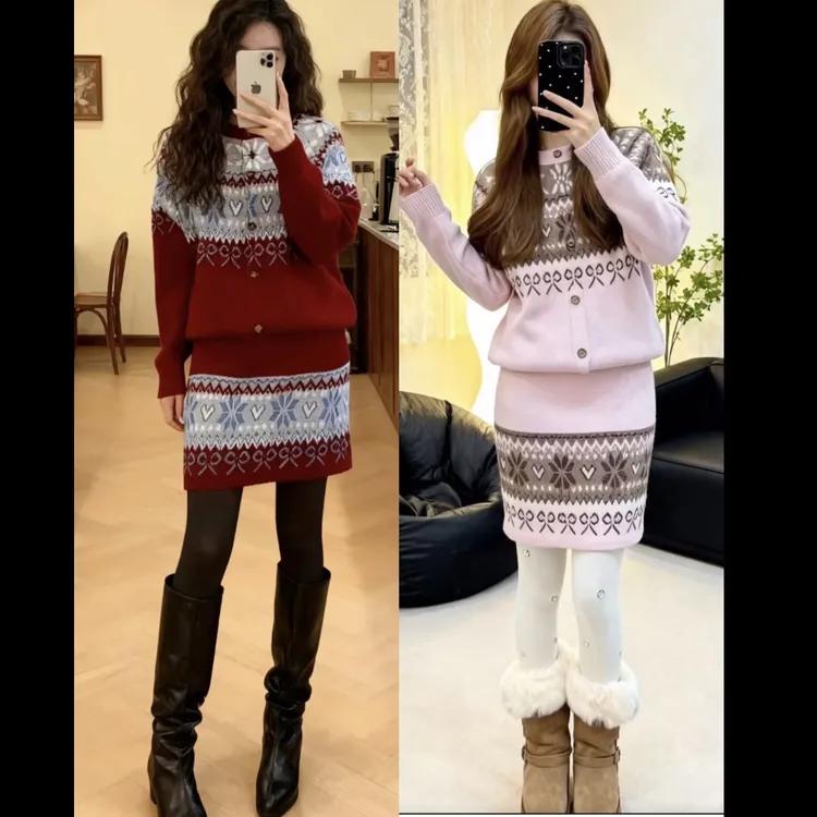 Rayhon甜美提花针织开衫毛衣高腰半裙复古风秋冬新款时尚显瘦两件