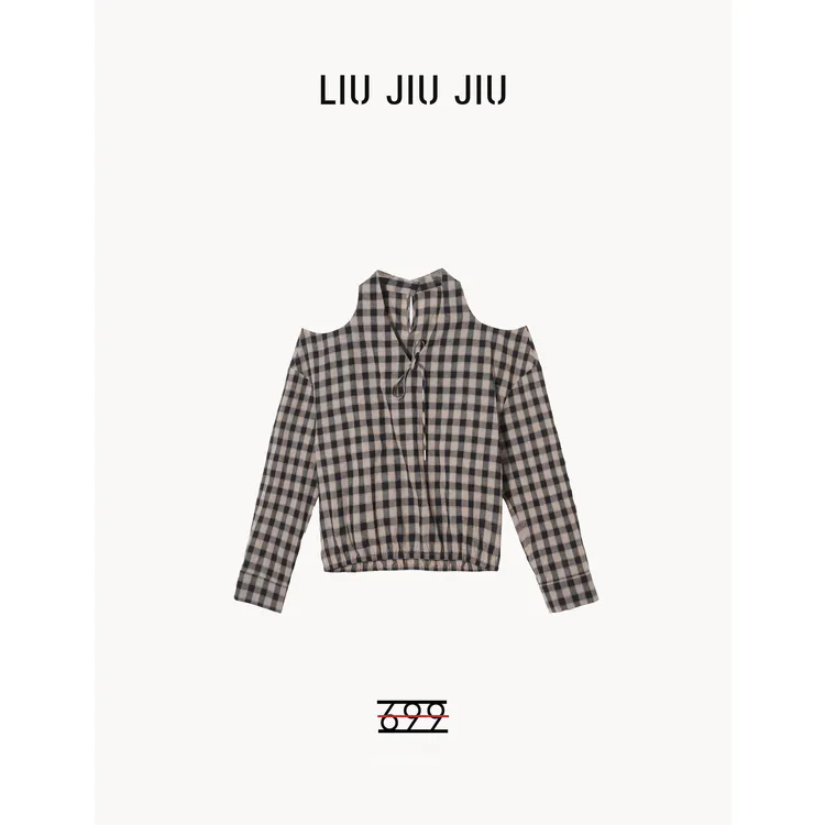 LIUJIUJIU 韩系经典挂脖露肩格纹长袖复古设计感V领上衣SY4751L