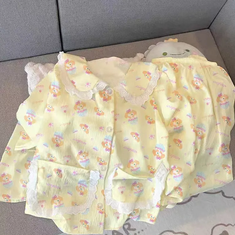 套装秋夏季睡衣女长袖长裤卡通云朵棉少女家居服加长裤