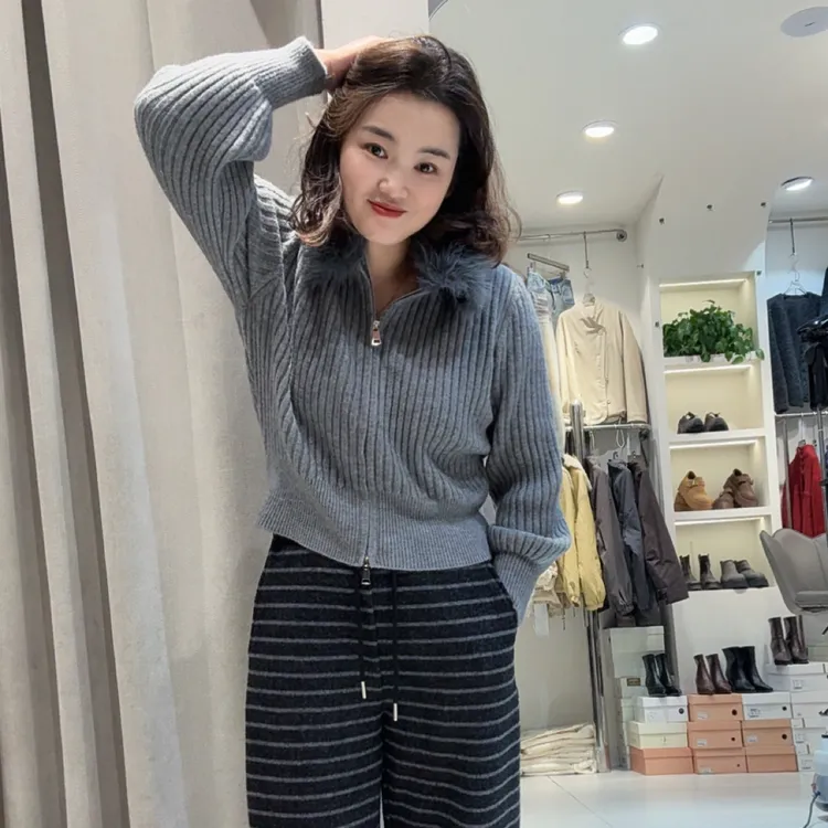 秋冬新款毛领拼接双拉链针织开衫女慵懒百搭显瘦毛衣