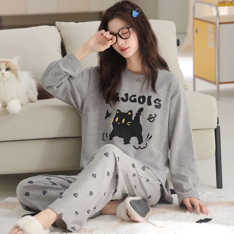 卡之恋睡衣女秋冬季新款长袖黑猫爱心波点加绒加厚家居服