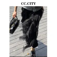 【蔡丽丽】小众法式流苏设计感不规则拼接针织弹力裙6x1282