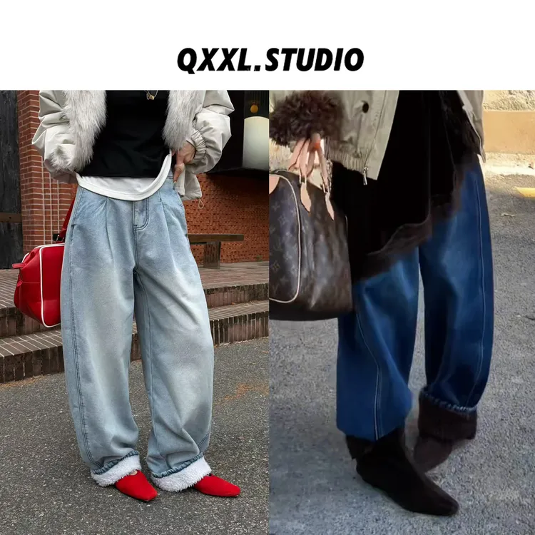 邱小小丽呀 冬季新款设计感拼接加绒牛仔裤女百搭高腰显瘦直筒裤