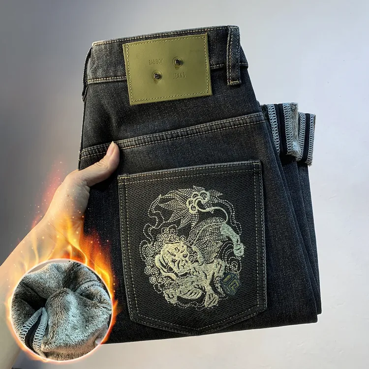 保登皮兹刺绣牛仔裤男加绒加厚冬季弹力小脚裤修身显瘦保暖长裤