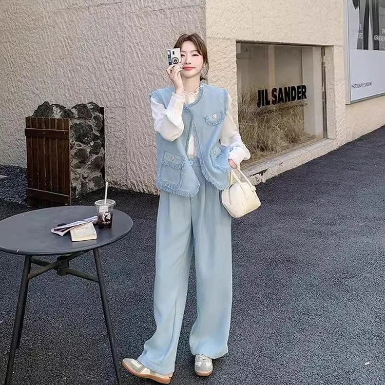 ROUJE LEOK早秋穿搭一整套大码胖时尚衬衫马甲长裤韩剧三件套