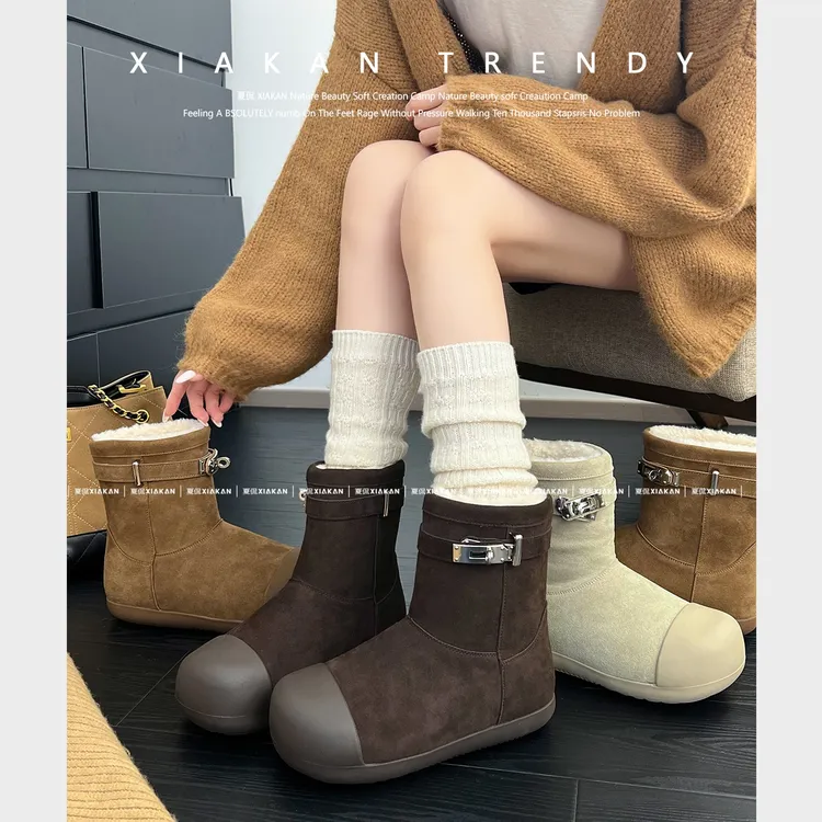 XIAKAN夏侃搭扣内增高5cm休闲雪地靴女短筒秋冬百搭加绒棉靴
