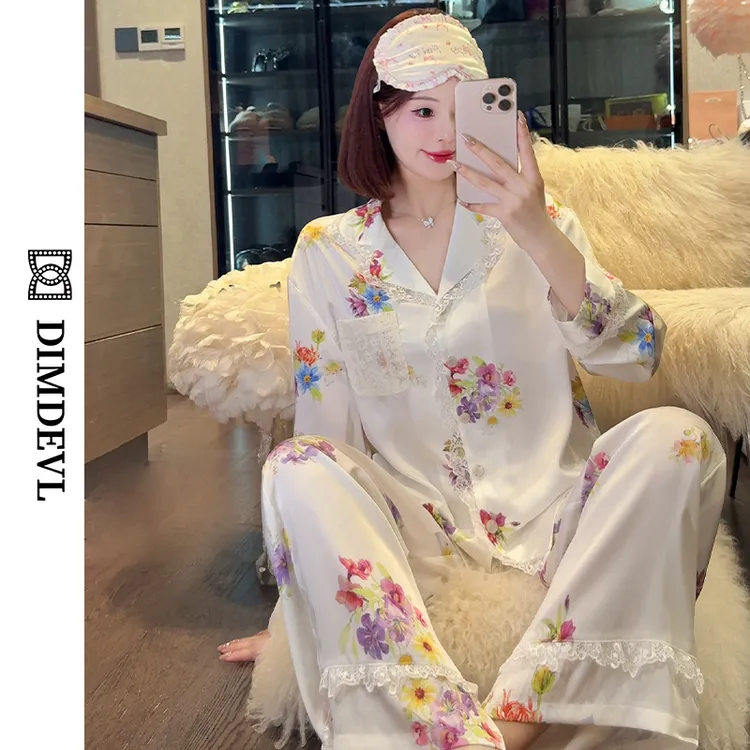 DIMDEVL/汀黛白色碎花长袖早秋蕾丝可外穿水光缎面家居服睡衣套装