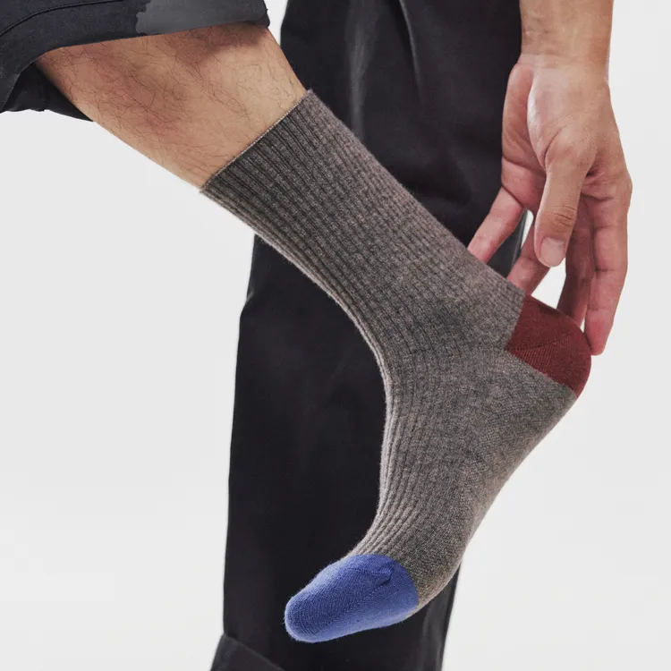撞色中筒男袜保暖透气罗纹针织休闲复古风拼接羊毛袜加厚男士袜子