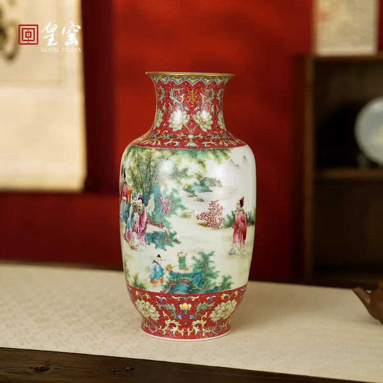 皇窑景德镇花瓶仿古中式陶瓷摆件九老四少冬瓜瓶客厅玄关装饰瓷器
