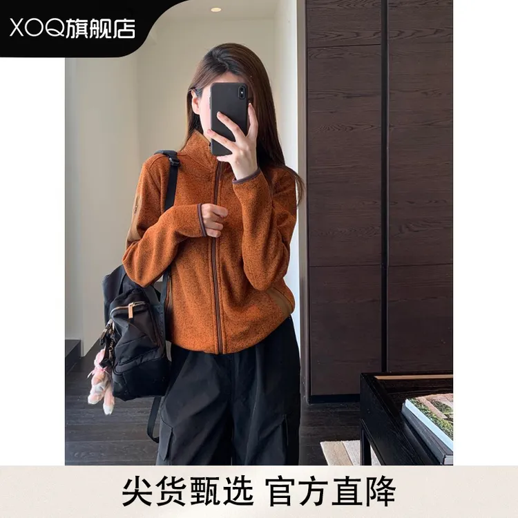XOQ官方开衫连帽加厚立领短款加绒户外休闲外套女款上衣秋冬新款