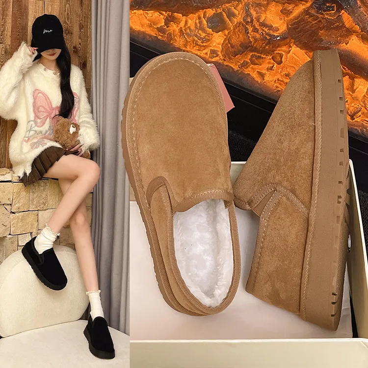 面包鞋保暖防滑牛筋底秋冬平底一脚蹬时尚雪地靴大码加绒加厚棉鞋