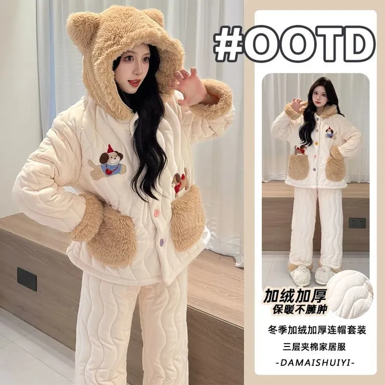 2025冬季加绒加厚家居服套装海岛绒睡衣女款珊瑚绒三层夹棉腊肠狗