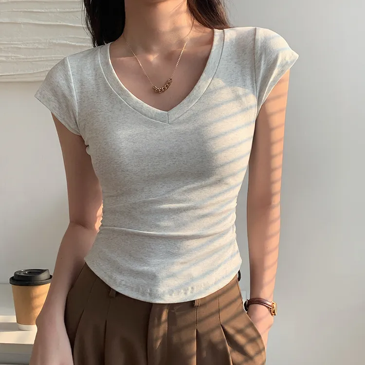 纯棉基础款正肩V领短袖t恤女夏季高级感修身显瘦锁骨小个子上衣