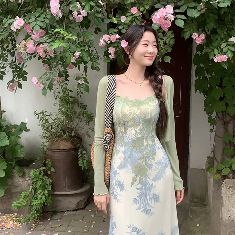 一尧花开半夏春夏纯欲法式女人气质连衣裙复古高弹显瘦长裙