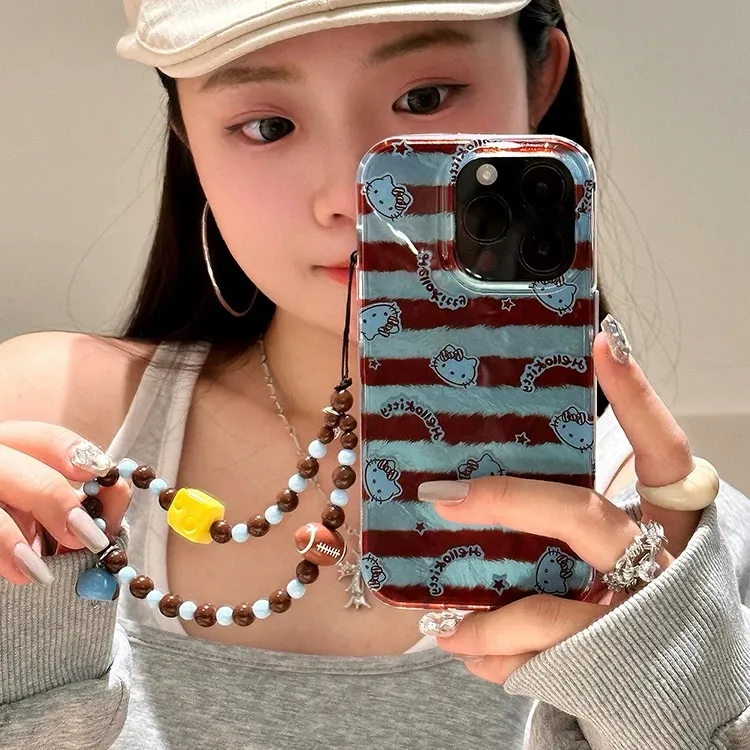蓝棕条纹凯蒂猫冰川带挂链手机壳带适用苹果/华为oppo/vivo小米硬