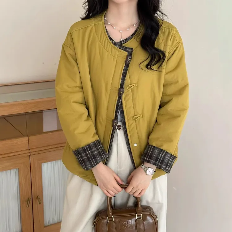 欧版宽松显瘦纯色棉外套女早秋新款高级感格子拼接轻薄夹棉棉衣潮