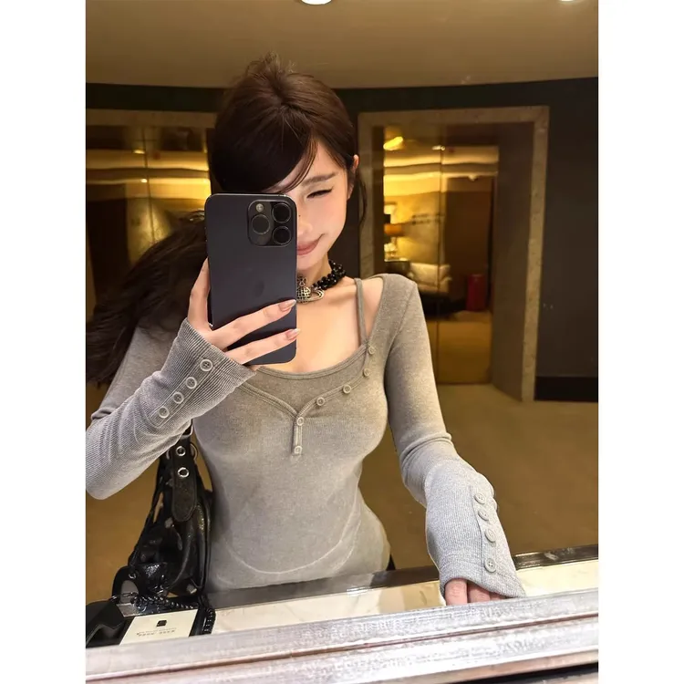 设计感假两件修身显瘦长袖t恤女秋冬收腰内搭针织打底衫上衣