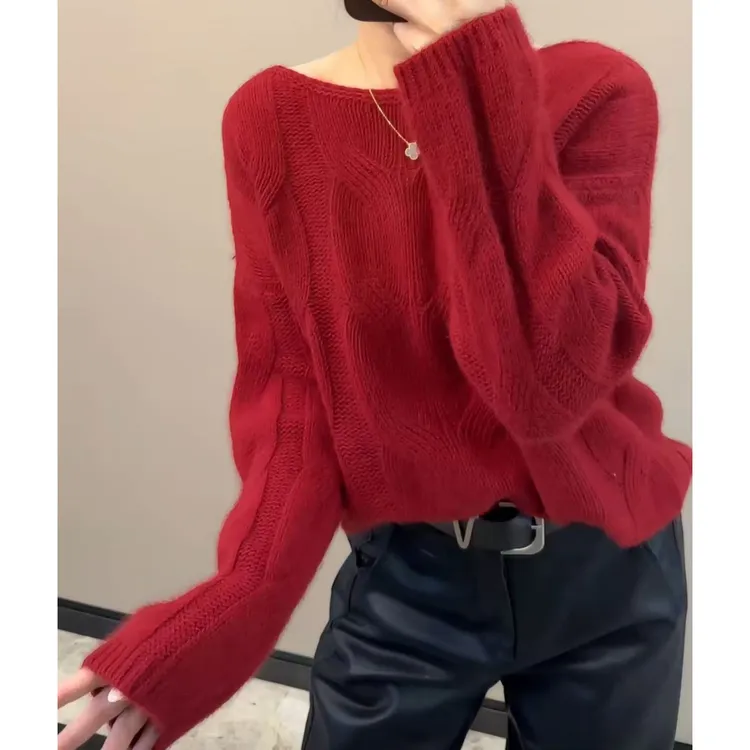 今年流行穿搭2025秋冬新款温柔风褶皱圆领毛针织衫休闲裤长袖上衣
