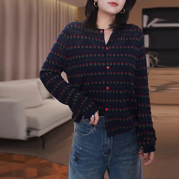 法式复古碎花针织衫t恤女2025春秋新款毛衣洋气休闲减龄开衫上衣