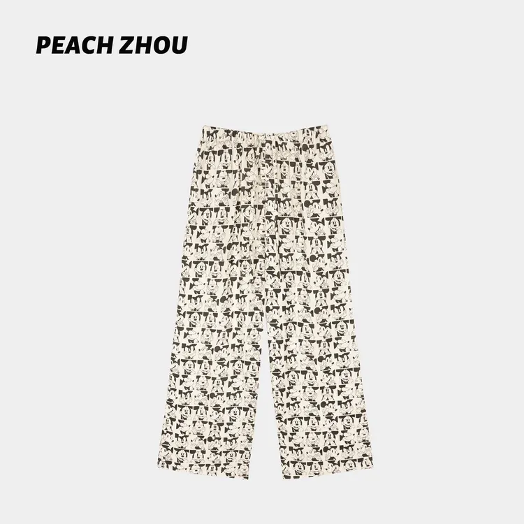 『PEACHZHOU』满印米鼠大头贴宽松直筒休闲裤减龄松紧腰阔腿裤