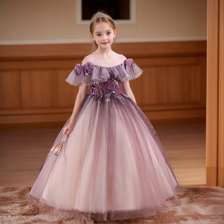 女童礼服高端大气6-12岁紫色亮片公主裙舞台表演蓬蓬裙生日礼服裙
