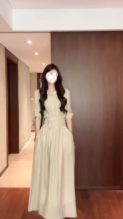 禅意茶歇风套装时尚简约衬衫大摆显瘦松紧腰连衣裙套装 8071#