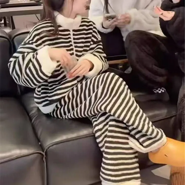 冬季新款条纹套装加厚加绒北高绒简约睡衣女可外穿情侣立领