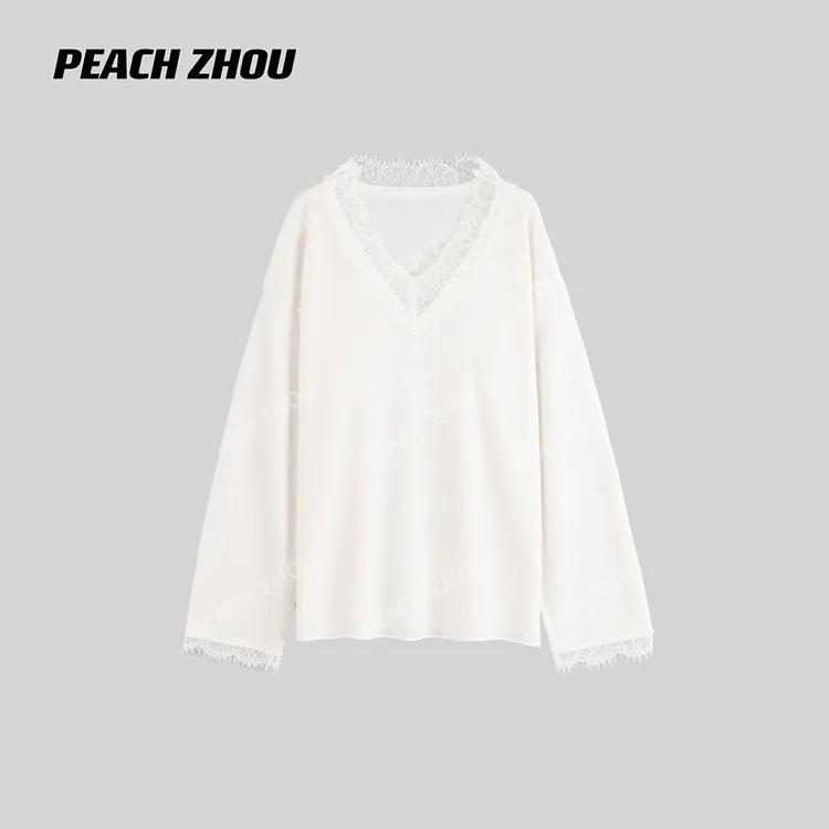 『PEACHZHOU』羊绒混纺蕾丝拼接抗起球宽松V领针织衫休闲纯欲毛衣