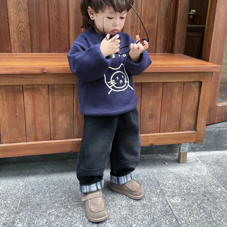 男童儿童一体绒格子边宽松2025冬季加绒拼接百搭牛仔裤潮冬款秋冬