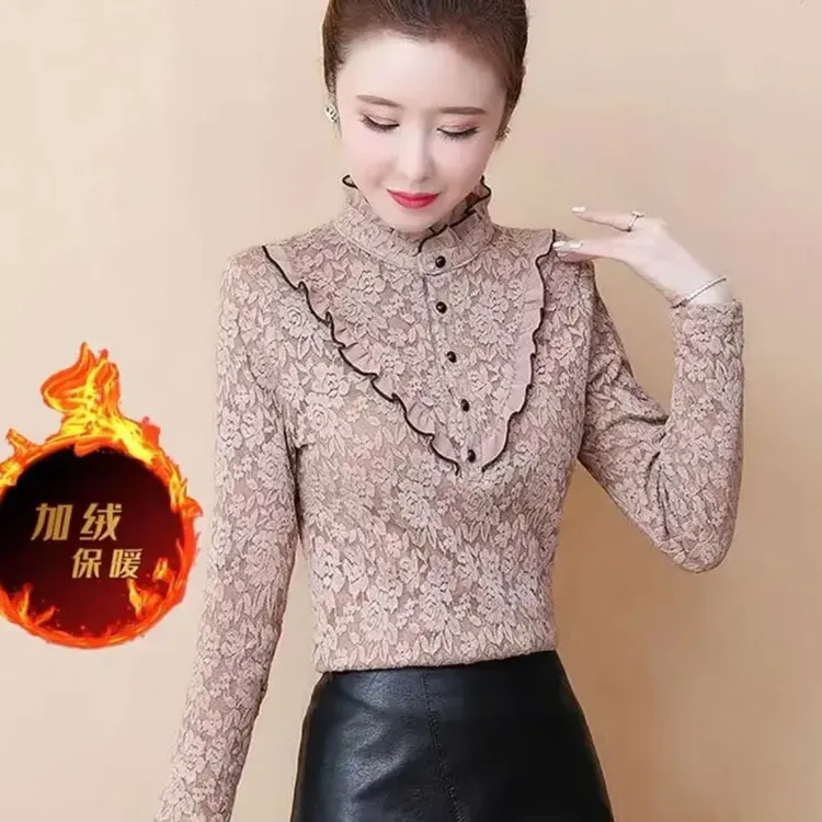 【韩紫朵】2025秋冬款新品荷叶领蕾丝加绒洋气小衫女士上衣1105