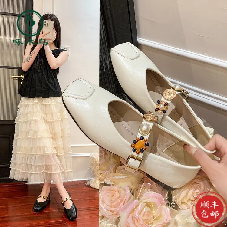 啄木鸟晚晚风仙女鞋款法式平底浅口玛丽珍鞋方头一字带小皮鞋女单