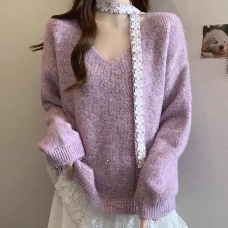 紫色挂脖v领蕾丝拼接毛衣针织衫女秋冬季大码胖mm韩系设计感上衣
