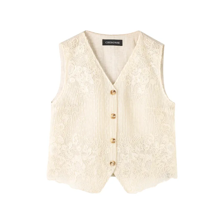 2025夏季新品亚麻蕾丝绣花V领修身显瘦短款无袖马甲背心1227