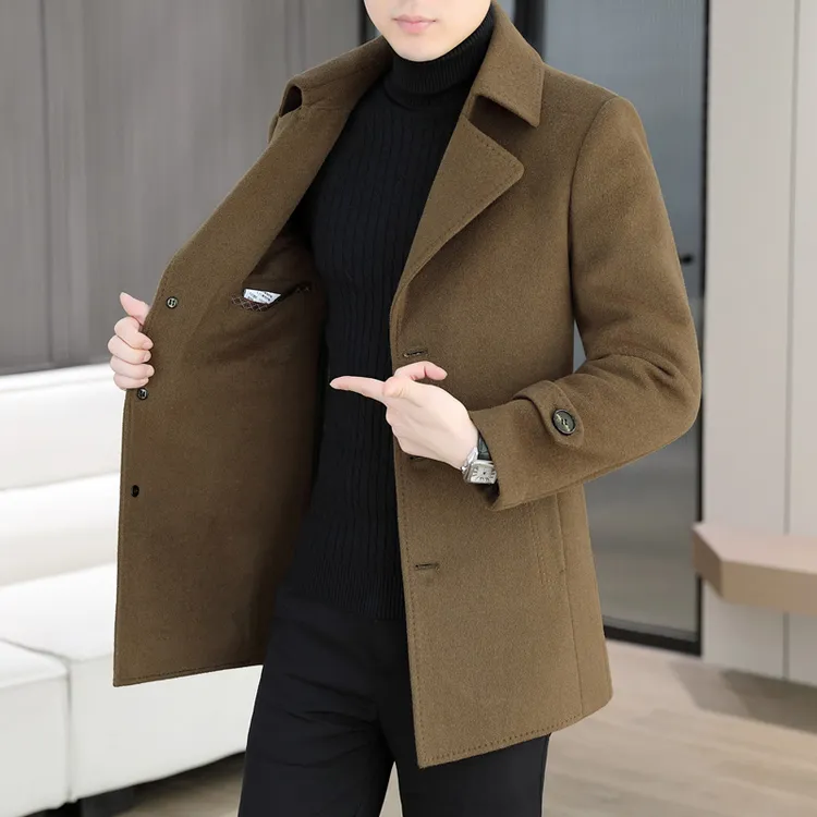 2025新款羊毛大衣男士秋冬中长款风衣外套纯色西装领轻奢时尚双面