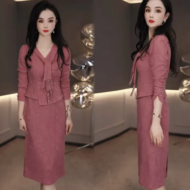 喜婆婆妈妈装2025早秋新款爆款假两件连衣裙时尚洋气质婚宴装裙子