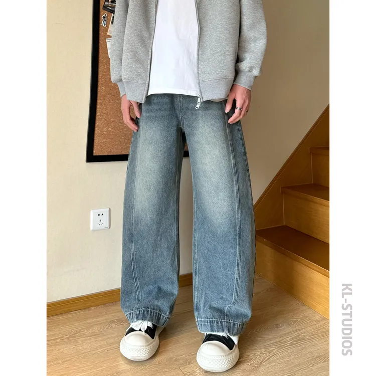 可乐自制美式复古做旧弯刀裤男小众设计感阔腿宽松牛仔裤情侣裤子