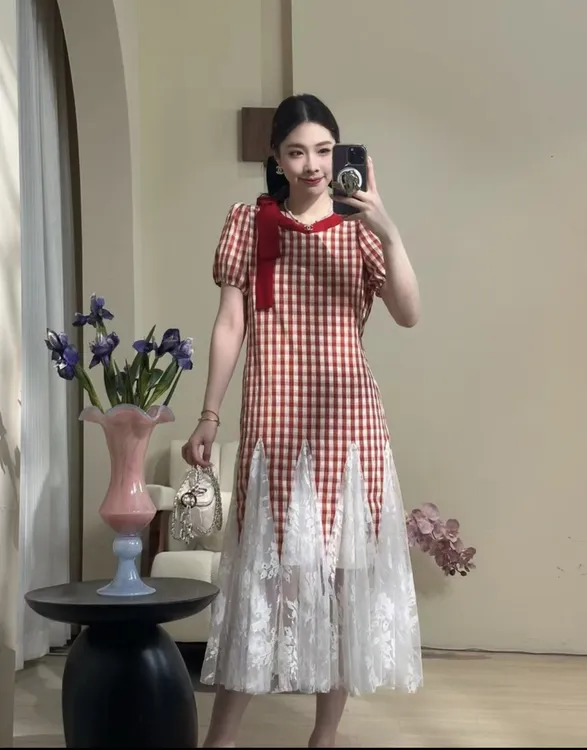十一原创【樱桃红了】连衣裙 红色格子蕾丝拼接夏季时尚气质显瘦