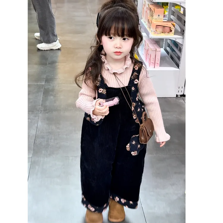 女童秋套装宝宝衣服儿童针织木耳边打底衫小女孩碎花灯芯绒背带裤