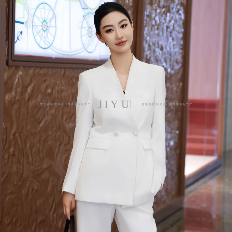 早秋醋涤抗皱白色女西装套装时尚轻奢修身气质轻奢设计师西服外套